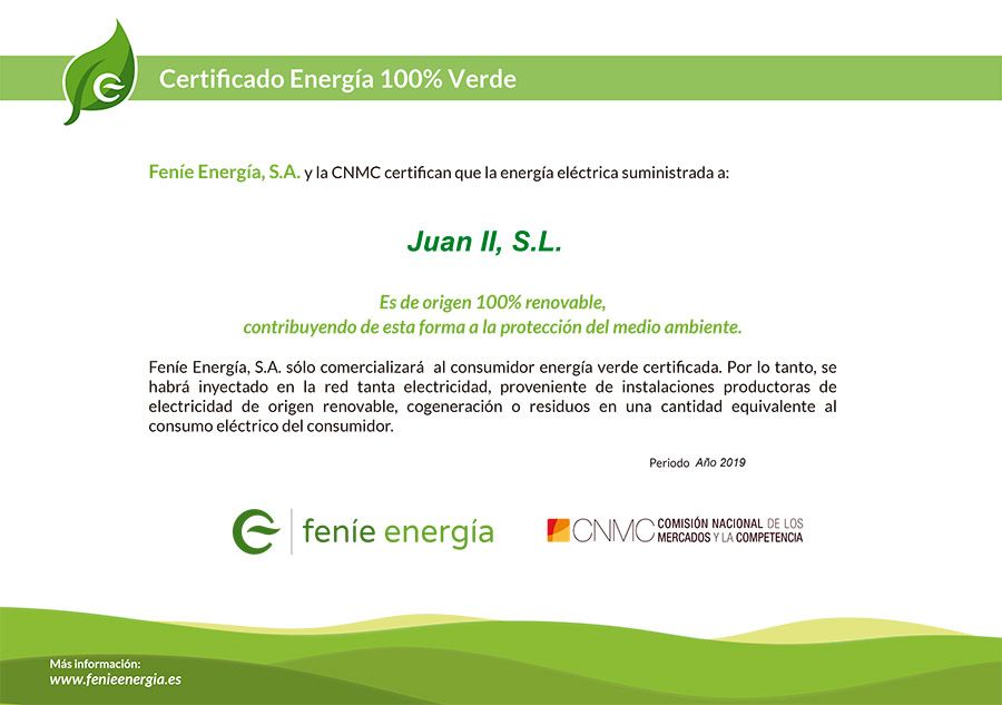 Certificado Energía 100% Verde Hotel Juan II